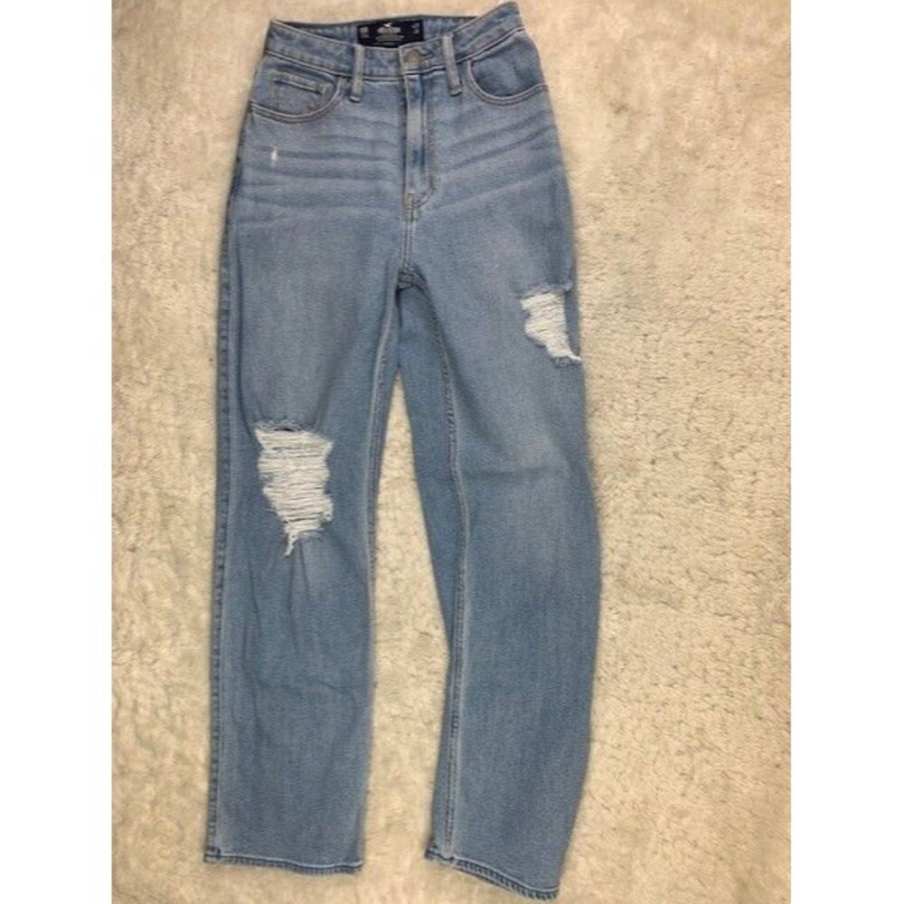 Hollister Size 00 Womens Ultra High Rise Dad Jean Stretch Distressed Light Wash